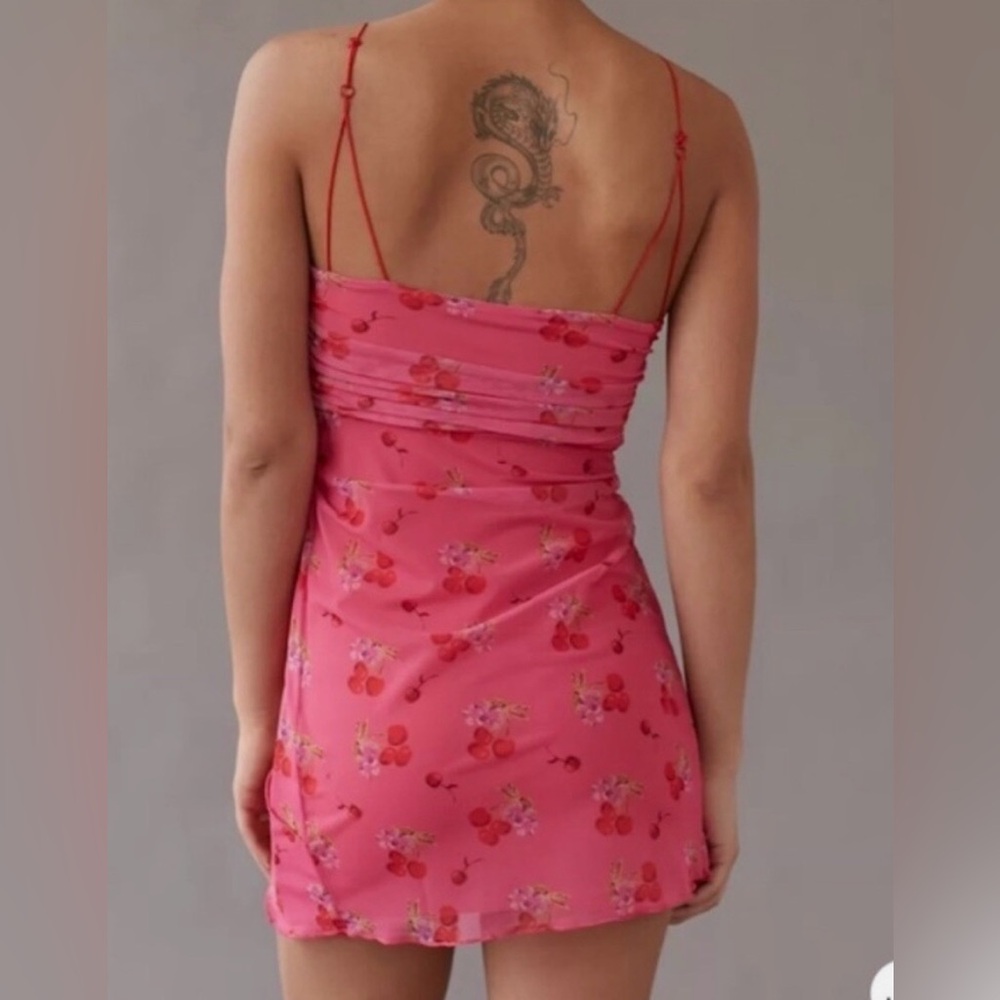 Urban Outfitters BNWT Pink Cherries Lace-Up Mini Dress - Picture 2 of 6